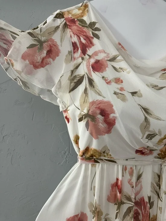 Alexa B nites Floral Ivory Midi Dress with Pink & Gold Blooms - Picture 2 of 7